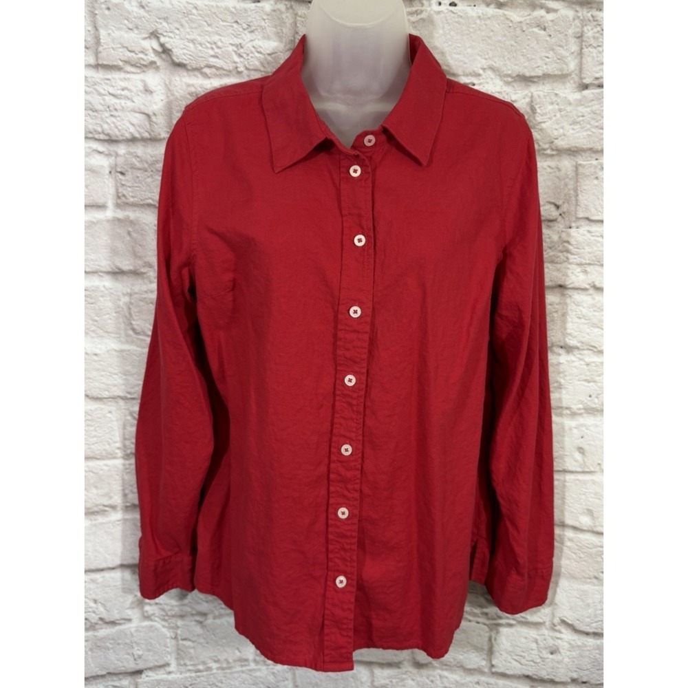 Soft Surroundings Collared Linen Blend Tunic Shirt Red Button Front Roll Tab Lrg